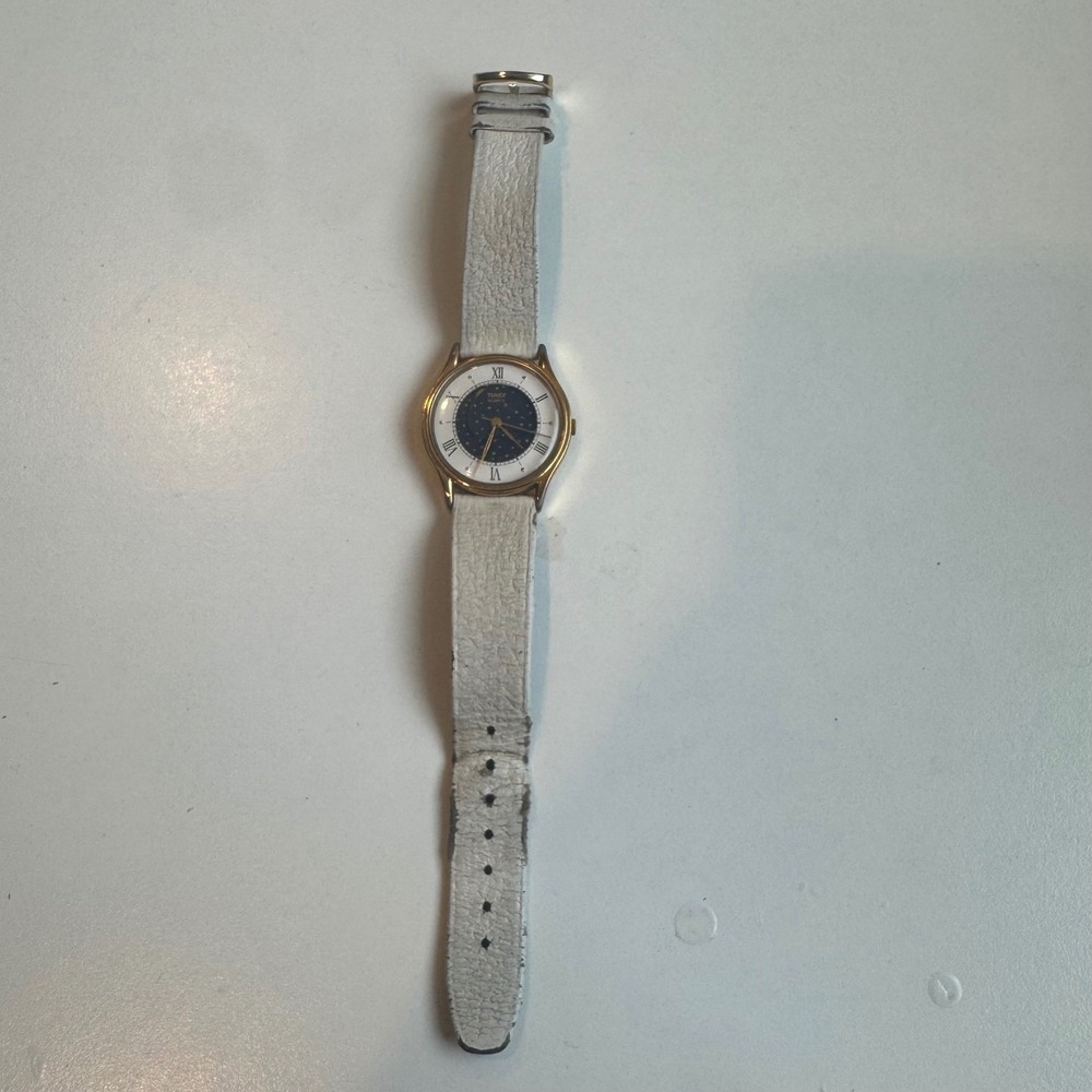 Timex Quartz Watch Gold Tone Cell Moon Star Dial Roman Numerals White Band WORKS